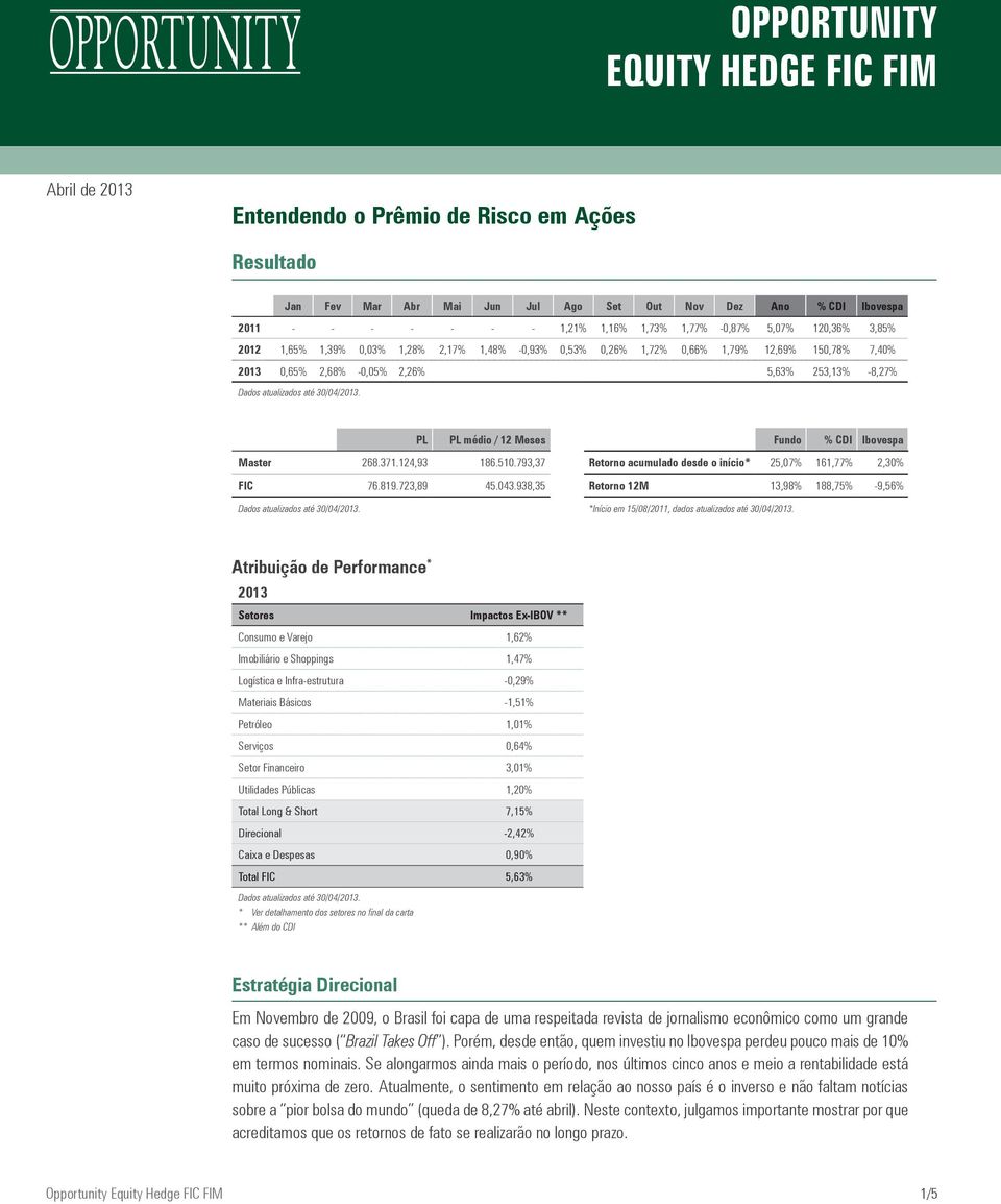 atualizados até 30/04/2013. PL PL médio / 12 Meses Fundo % CDI Ibovespa Master 268.371.124,93 186.510.793,37 Retorno acumulado desde o início* 25,07% 161,77% 2,30% FIC 76.819.723,89 45.043.