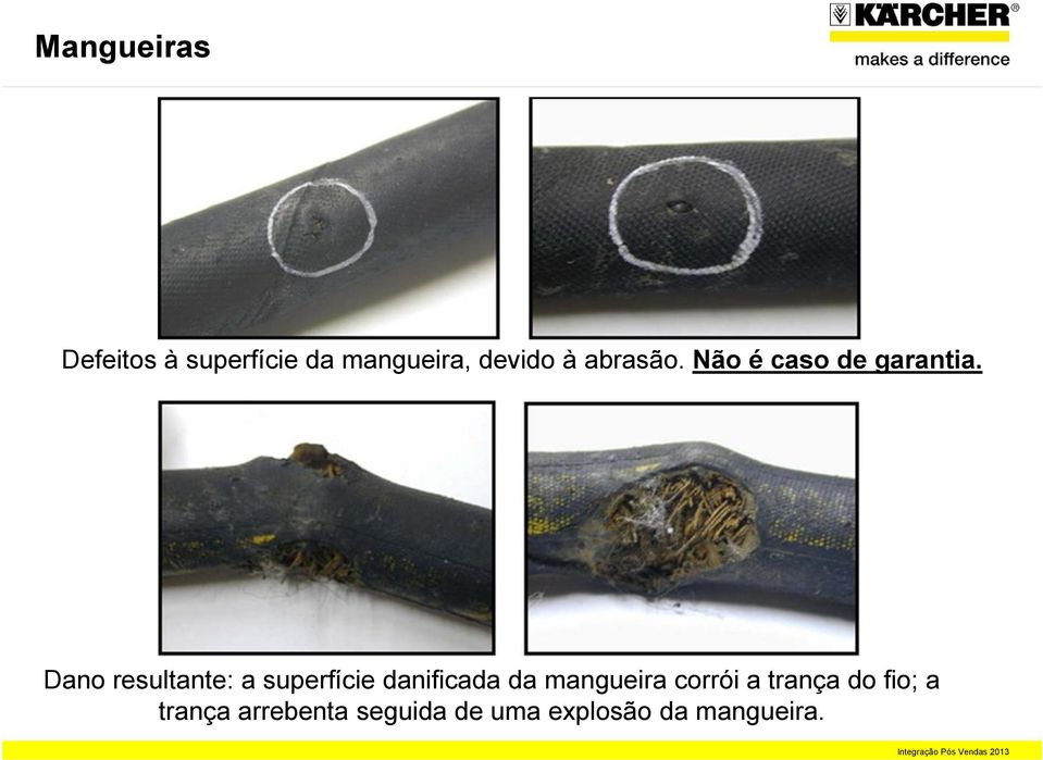 Dano resultante: a superfície danificada da mangueira