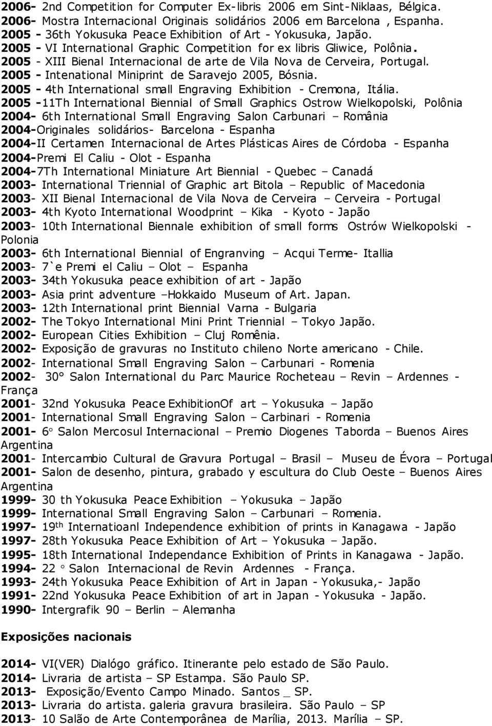2005 - XIII Bienal Internacional de arte de Vila Nova de Cerveira, Portugal. 2005 - Intenational Miniprint de Saravejo 2005, Bósnia.