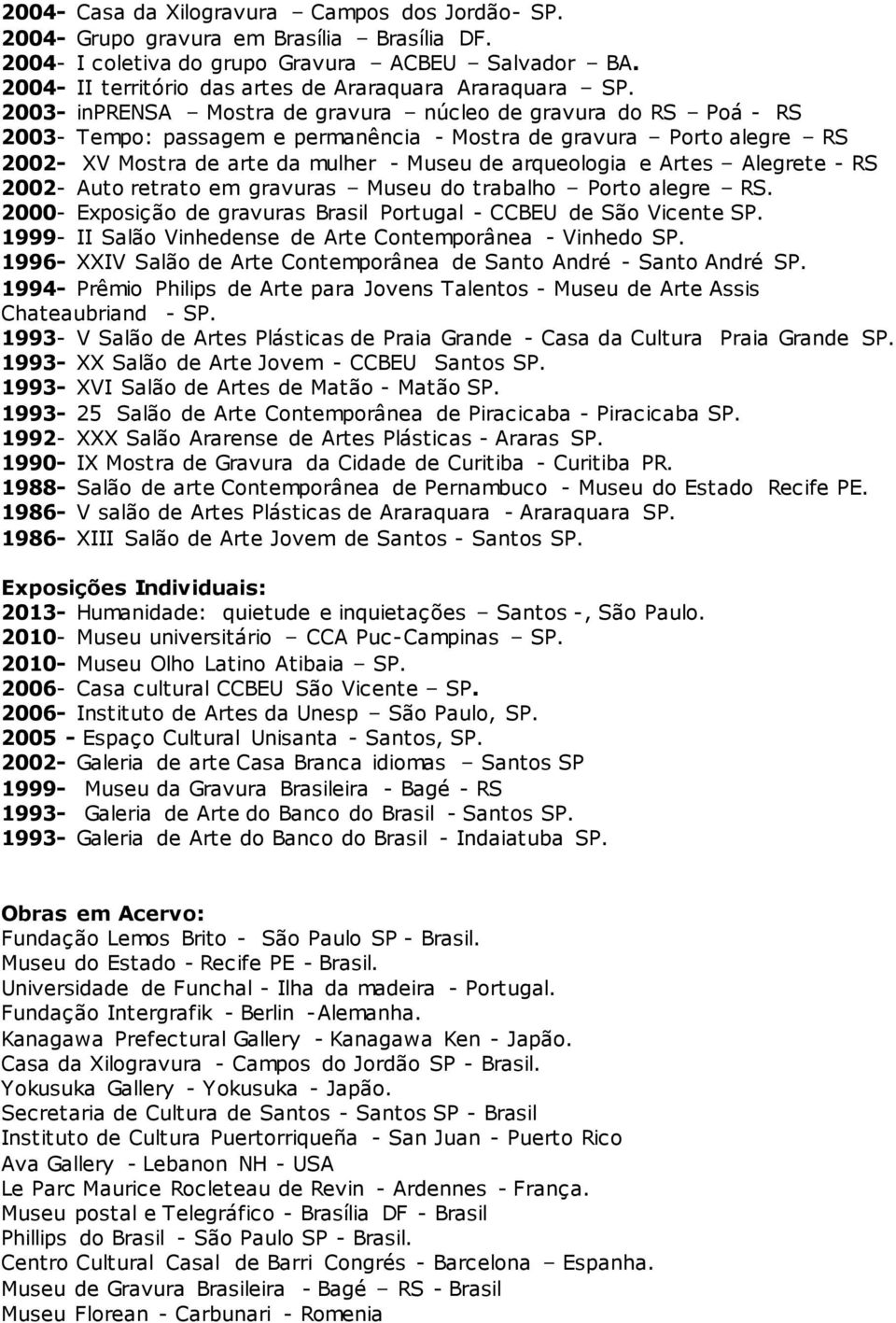 2003- inprensa Mostra de gravura núcleo de gravura do RS Poá - RS 2003- Tempo: passagem e permanência - Mostra de gravura Porto alegre RS 2002- XV Mostra de arte da mulher - Museu de arqueologia e