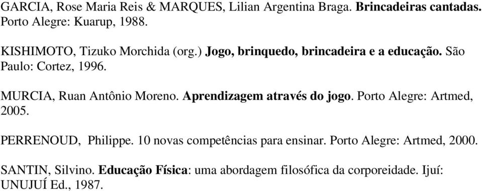 MURCIA, Ruan Antônio Moreno. Aprendizagem através do jogo. Porto Alegre: Artmed, 2005. PERRENOUD, Philippe.