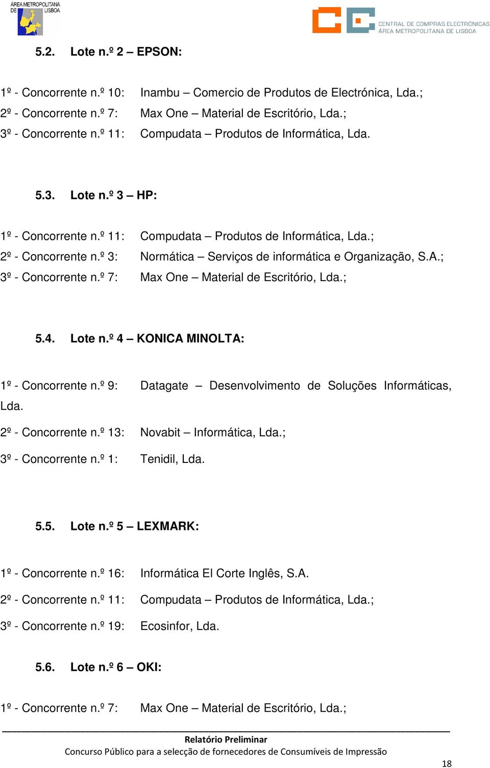 º 3: Normática Serviços de informática e Organização, S.A.; 3º - Concorrente n.º 7: Max One Material de Escritório, Lda.; 5.4. Lote n.º 4 KONICA MINOLTA: 1º - Concorrente n.