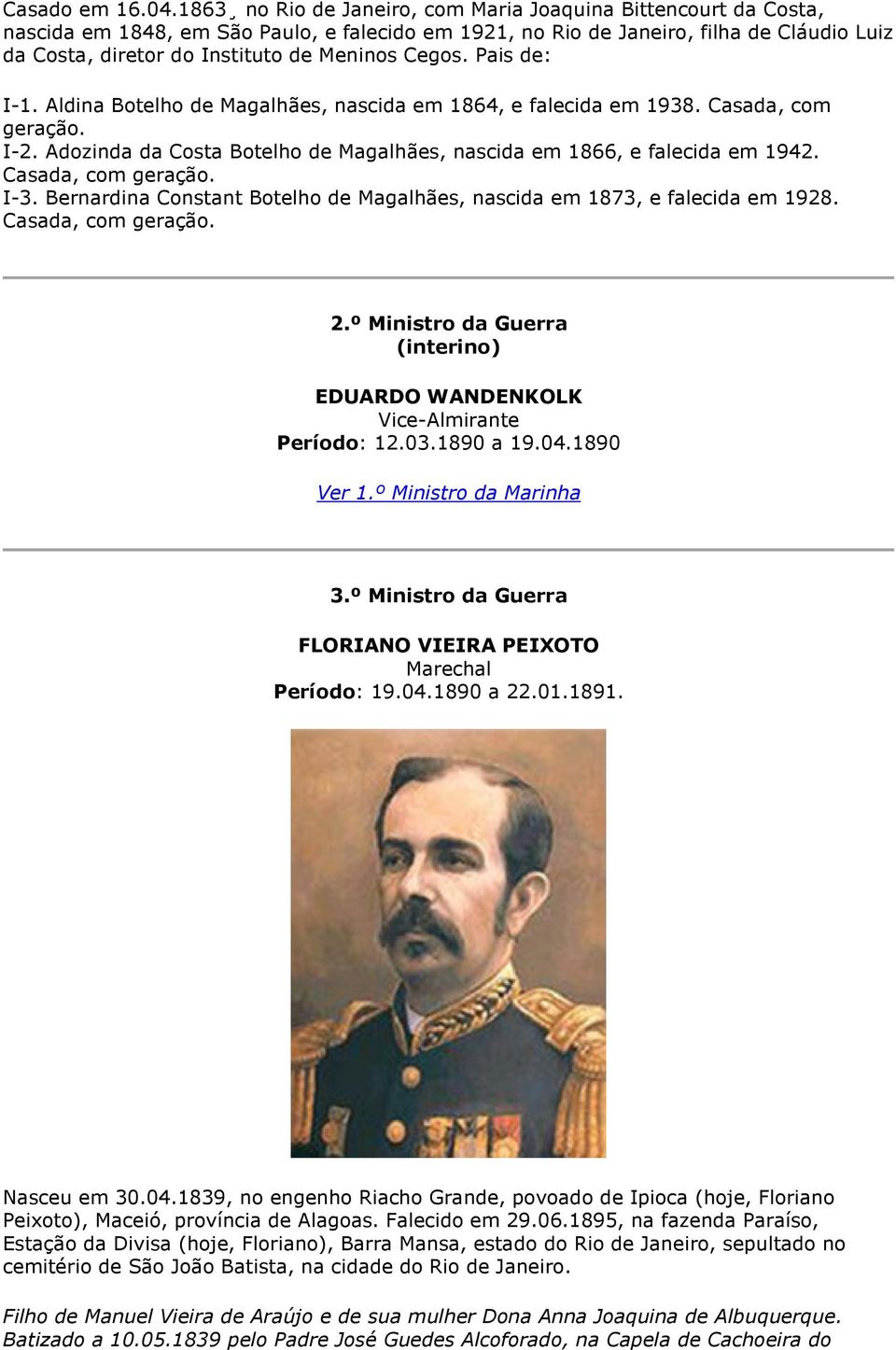 Cegos. Pais de: I-1. Aldina Botelho de Magalhães, nascida em 1864, e falecida em 1938. Casada, com geração. I-2. Adozinda da Costa Botelho de Magalhães, nascida em 1866, e falecida em 1942.