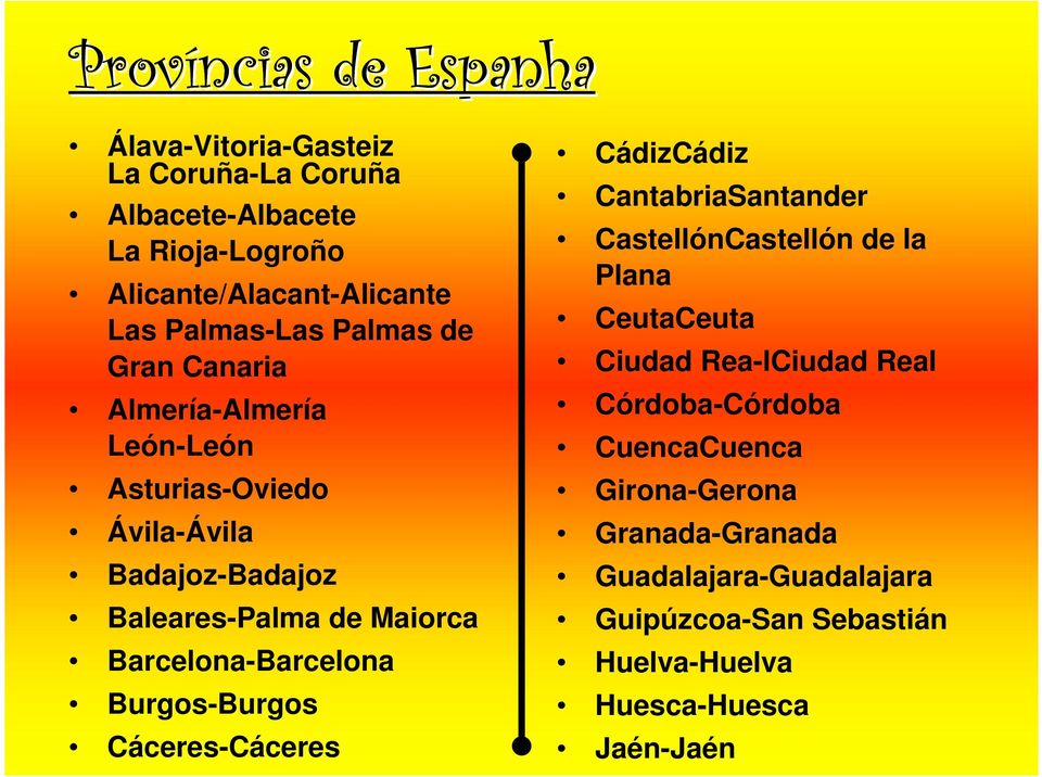 Barcelona-Barcelona Burgos-Burgos Cáceres-Cáceres CádizCádiz CantabriaSantander CastellónCastellón de la Plana CeutaCeuta Ciudad