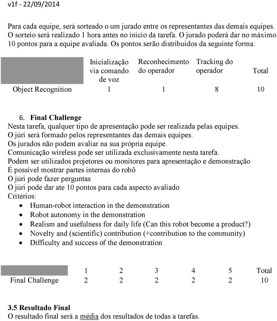 Os pontos serão distribuidos da seguinte forma: Inicialização via comando de voz Reconhecimento do operador Tracking do operador Object Recognition 1 1 8 10 Total 6.