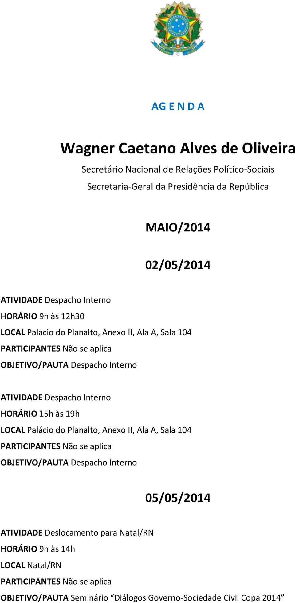 Despacho Interno ATIVIDADE Despacho Interno HORÁRIO 15h às 19h OBJETIVO/PAUTA Despacho Interno 05/05/2014 ATIVIDADE