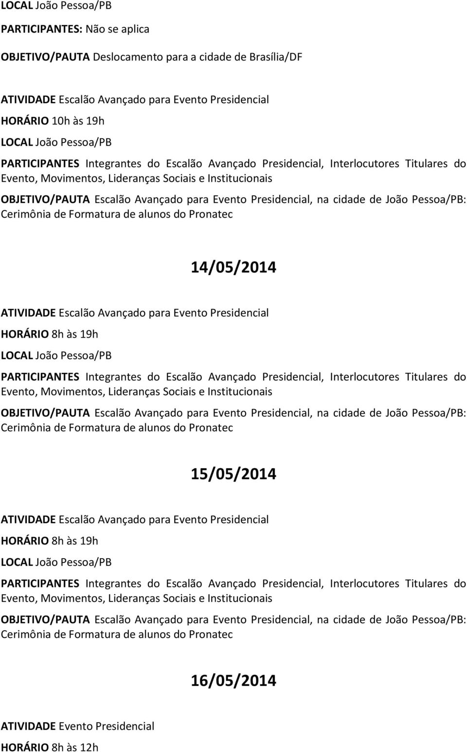 Avançado para Evento Presidencial, na cidade de João Pessoa/PB: Cerimônia de Formatura de alunos do Pronatec 15/05/2014 HORÁRIO 8h às 19h LOCAL João Pessoa/PB