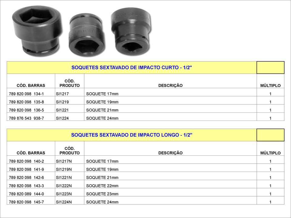 1/2" BARRAS 789 820 098 140-2 SI1217N SOQUETE 17mm 1 789 820 098 141-9 SI1219N SOQUETE 19mm 1 789 820 098 142-6 SI1221N