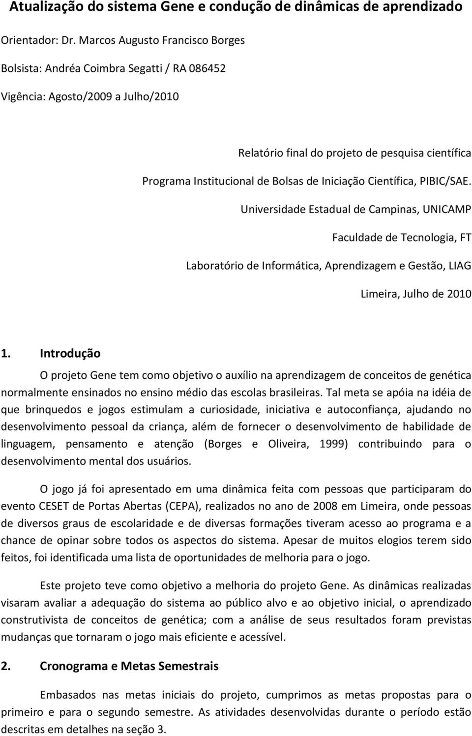 Iniciação Científica, PIBIC/SAE. Universidade Estadual de Campinas, UNICAMP Faculdade de Tecnologia, FT Laboratório de Informática, Aprendizagem e Gestão, LIAG Limeira, Julho de 2010 1.