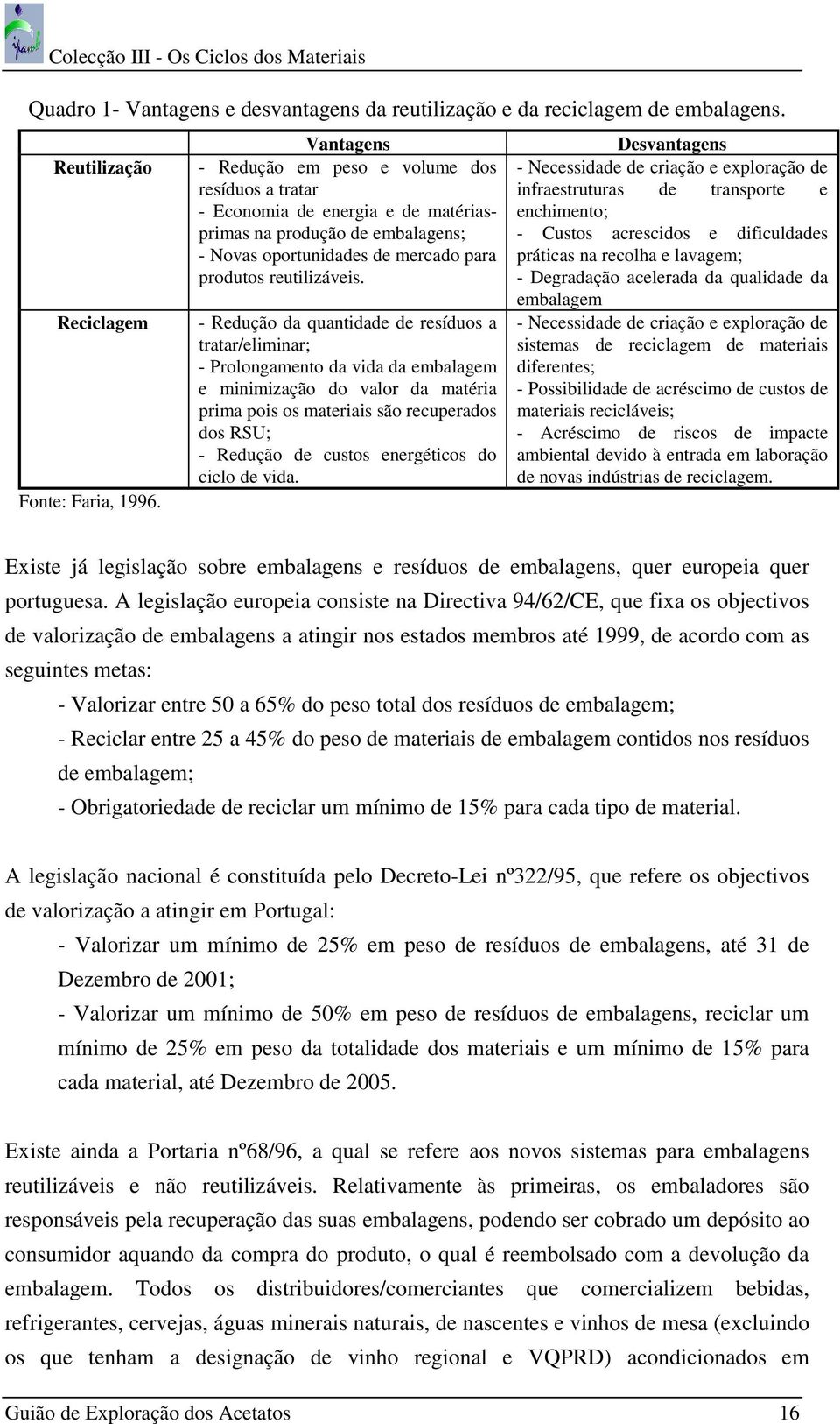 - Redução da quantidade de resíduos a tratar/eliminar; - Prolongamento da vida da embalagem e minimização do valor da matéria prima pois os materiais são recuperados dos RSU; - Redução de custos