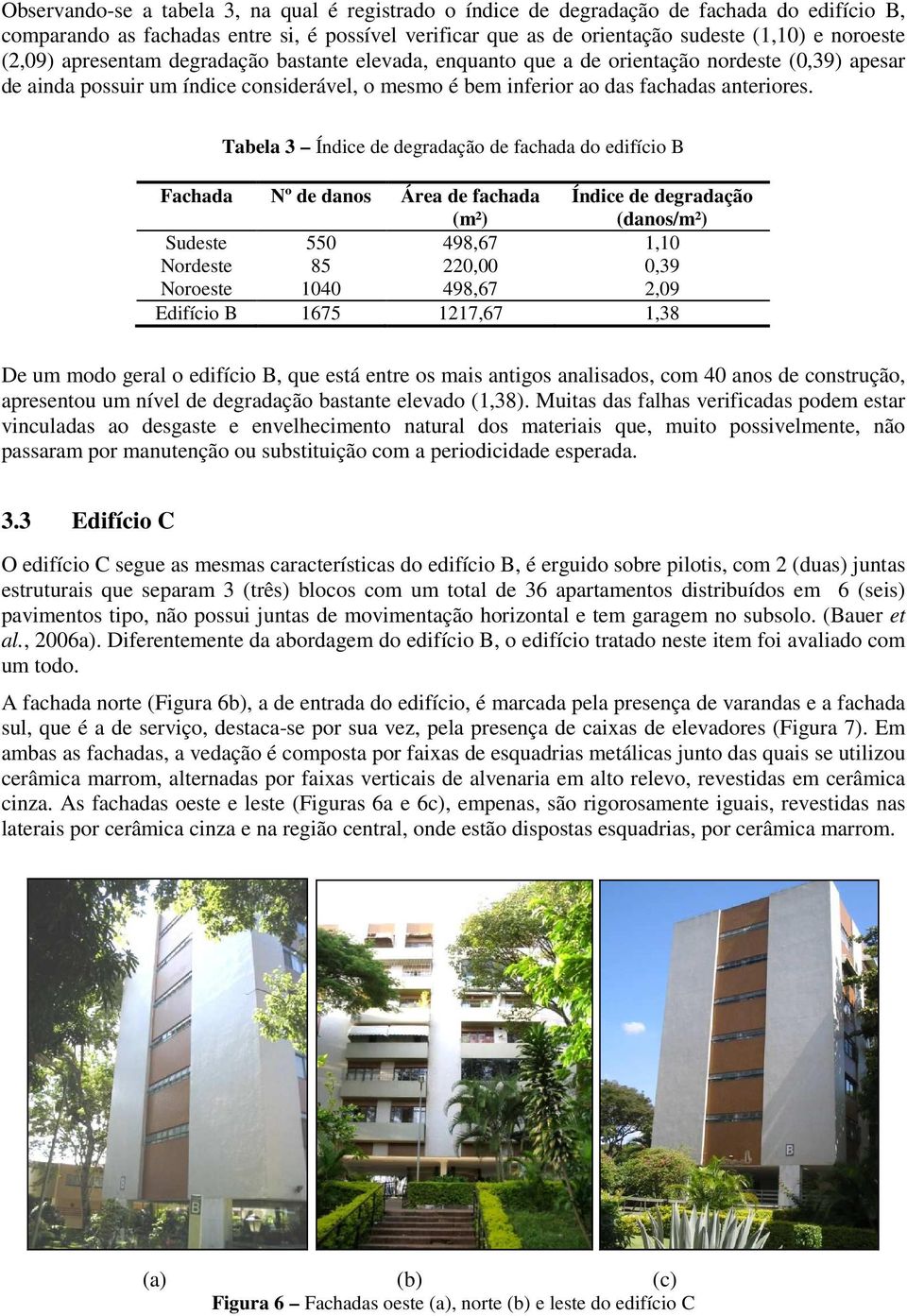 Tabela 3 Índice de degradação de fachada do edifício B Fachada Nº de danos Área de fachada (m²) Índice de degradação (danos/m²) Sudeste 550 498,67 1,10 Nordeste 85 220,00 0,39 Noroeste 1040 498,67