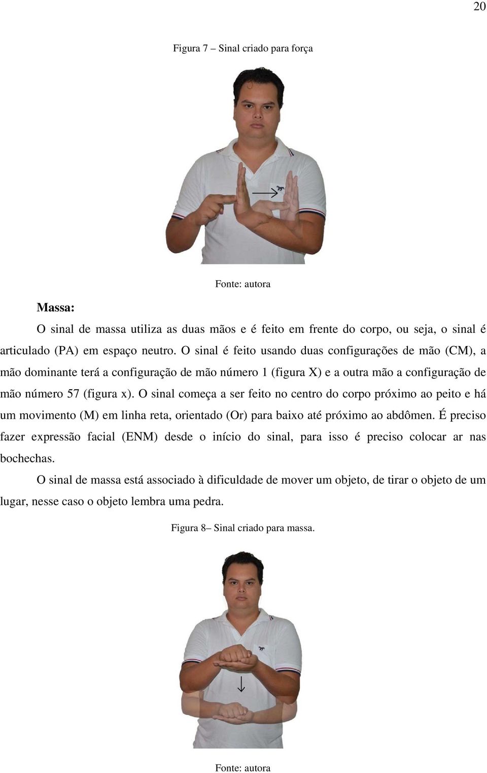 O sinal começa a ser feito no centro do corpo próximo ao peito e há um movimento (M) em linha reta, orientado (Or) para baixo até próximo ao abdômen.