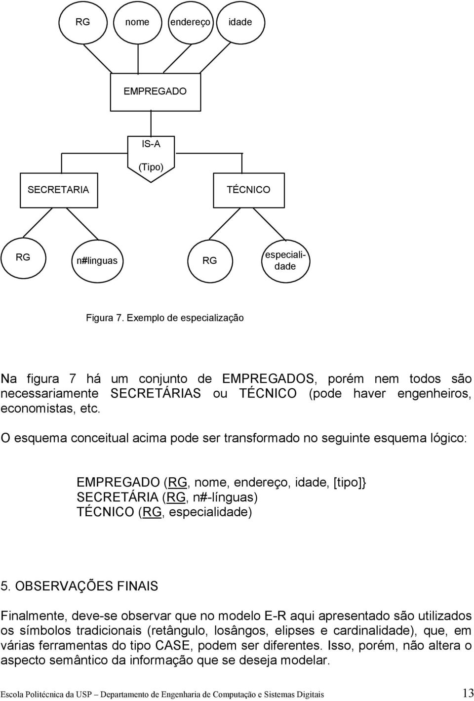 O esquema conceitual acima pode ser transformado no seguinte esquema lógico: EMPREGADO (RG, nome, endereço, idade, [tipo]} SECRETÁRIA (RG, n#-línguas) TÉCICO (RG, especialidade) 5.