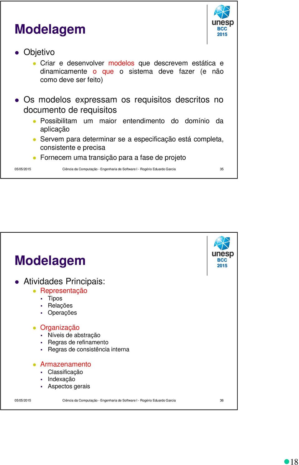 fase de projeto 05/05/ Ciência da Computação - Engenharia de Software I - Rogério Eduardo Garcia 35 Modelagem Atividades Principais: Representação Tipos Relações Operações Organização Níveis de