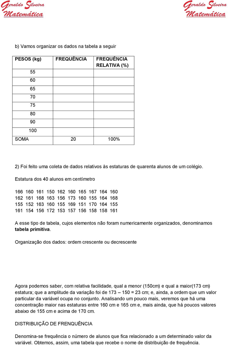 Estatura dos 40 alunos em centímetro 166 160 161 150 162 160 165 167 164 160 162 161 168 163 156 173 160 155 164 168 155 152 163 160 155 169 151 170 164 155 161 154 156 172 153 157 156 158 158 161 A