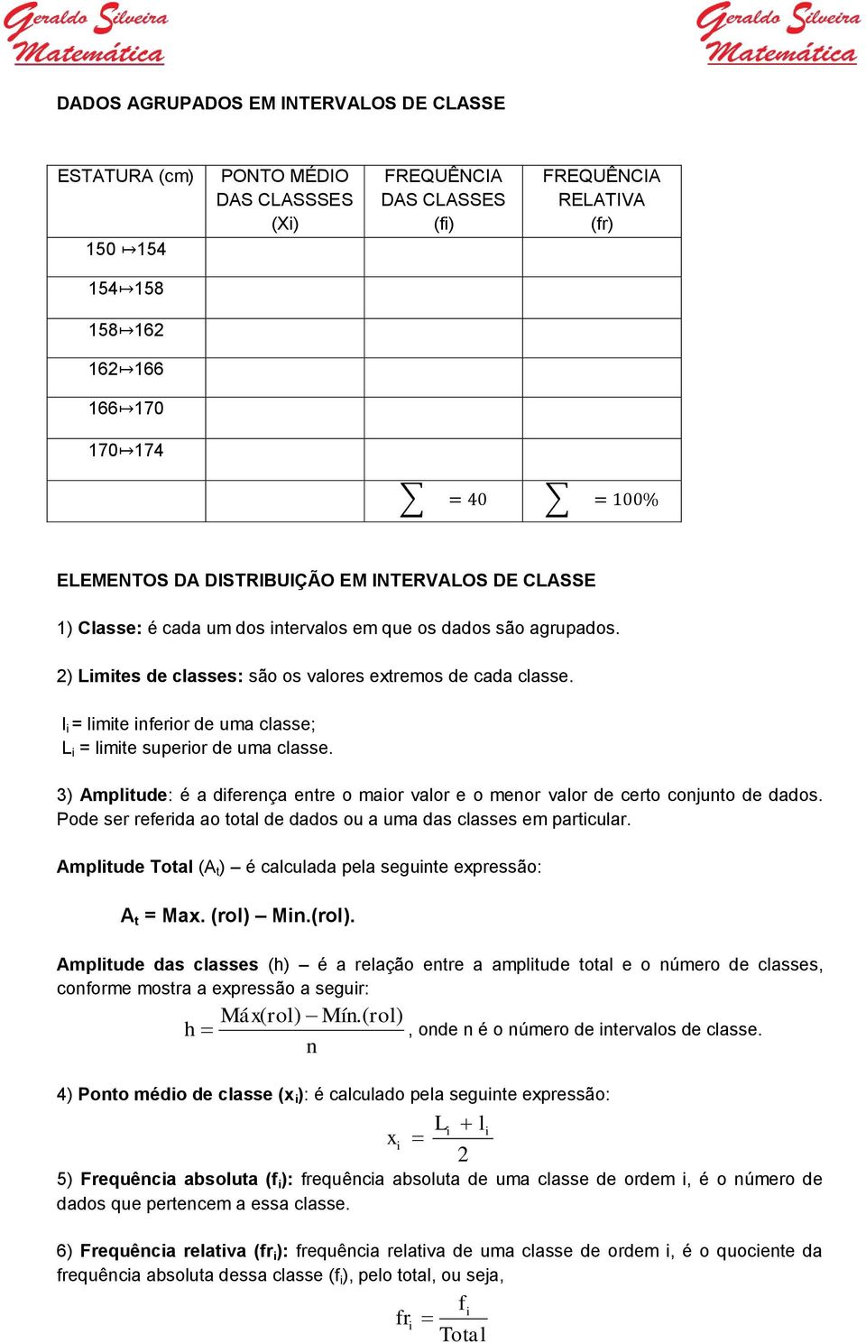 l i = limite inferior de uma classe; L i = limite superior de uma classe. 3) Amplitude: é a diferença entre o maior valor e o menor valor de certo conjunto de dados.