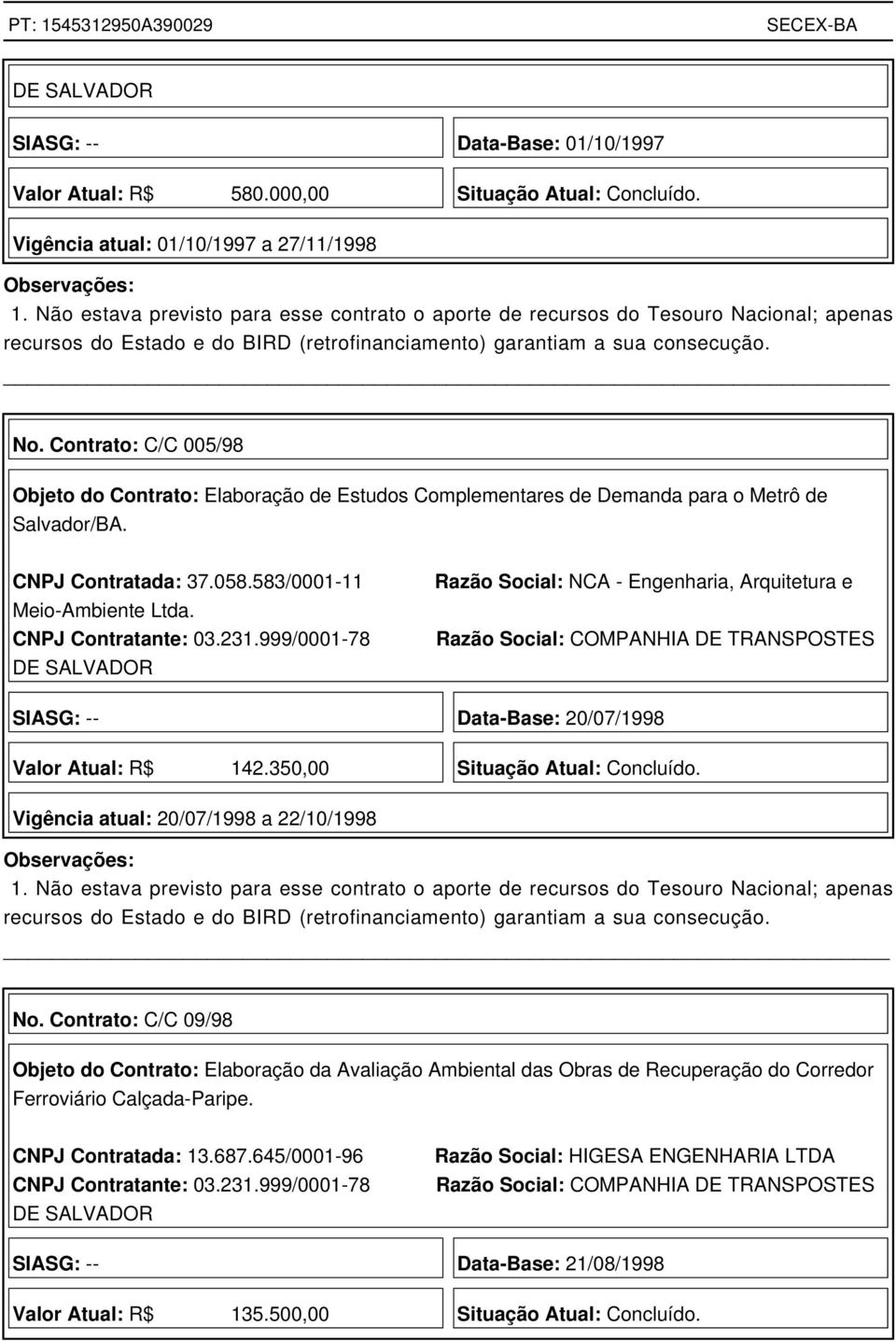 Contrato: C/C 005/98 Objeto do Contrato: Elaboração de Estudos Complementares de Demanda para o Metrô de Salvador/BA. CNPJ Contratada: 37.058.583/0001-11 Meio-Ambiente Ltda. CNPJ Contratante: 03.231.