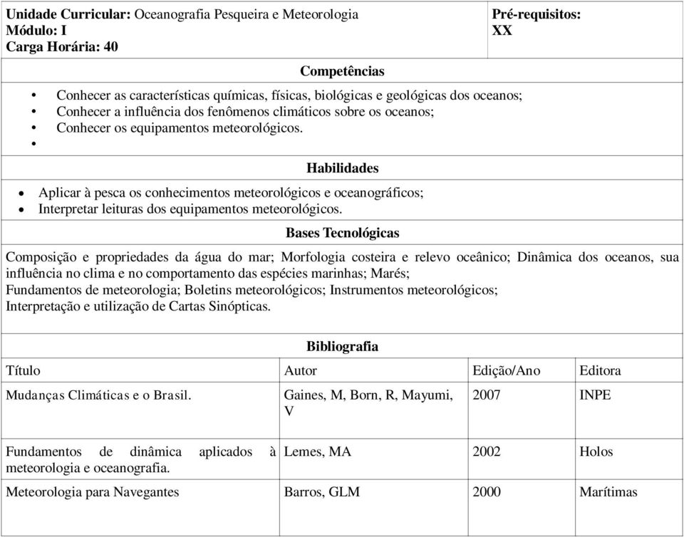 Pré-requisitos: XX Composição e propriedades da água do mar; Morfologia costeira e relevo oceânico; Dinâmica dos oceanos, sua influência no clima e no comportamento das espécies marinhas; Marés;