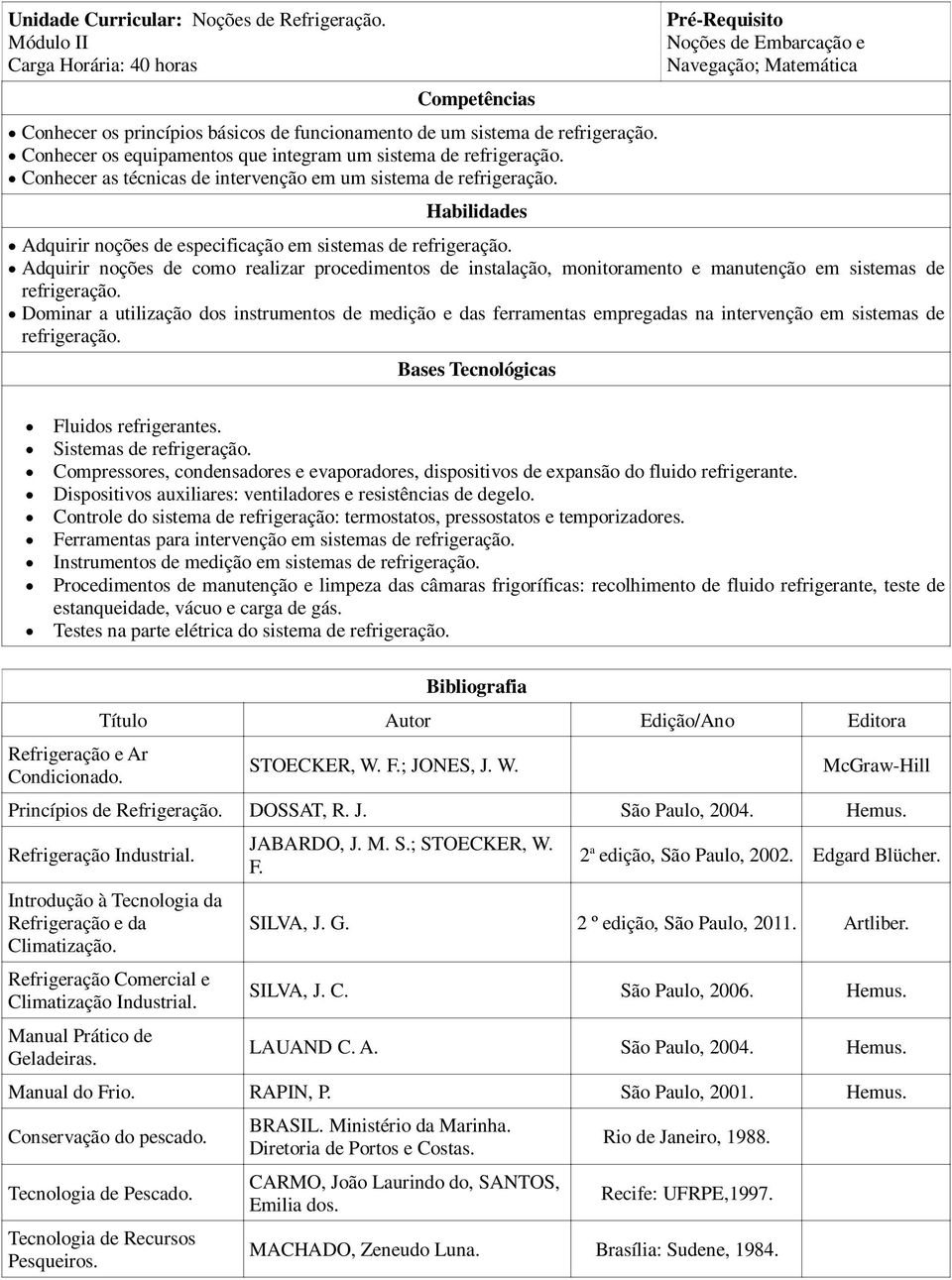 Pré-Requisito Noções de Embarcação e Navegação; Matemática Adquirir noções de especificação em sistemas de refrigeração.