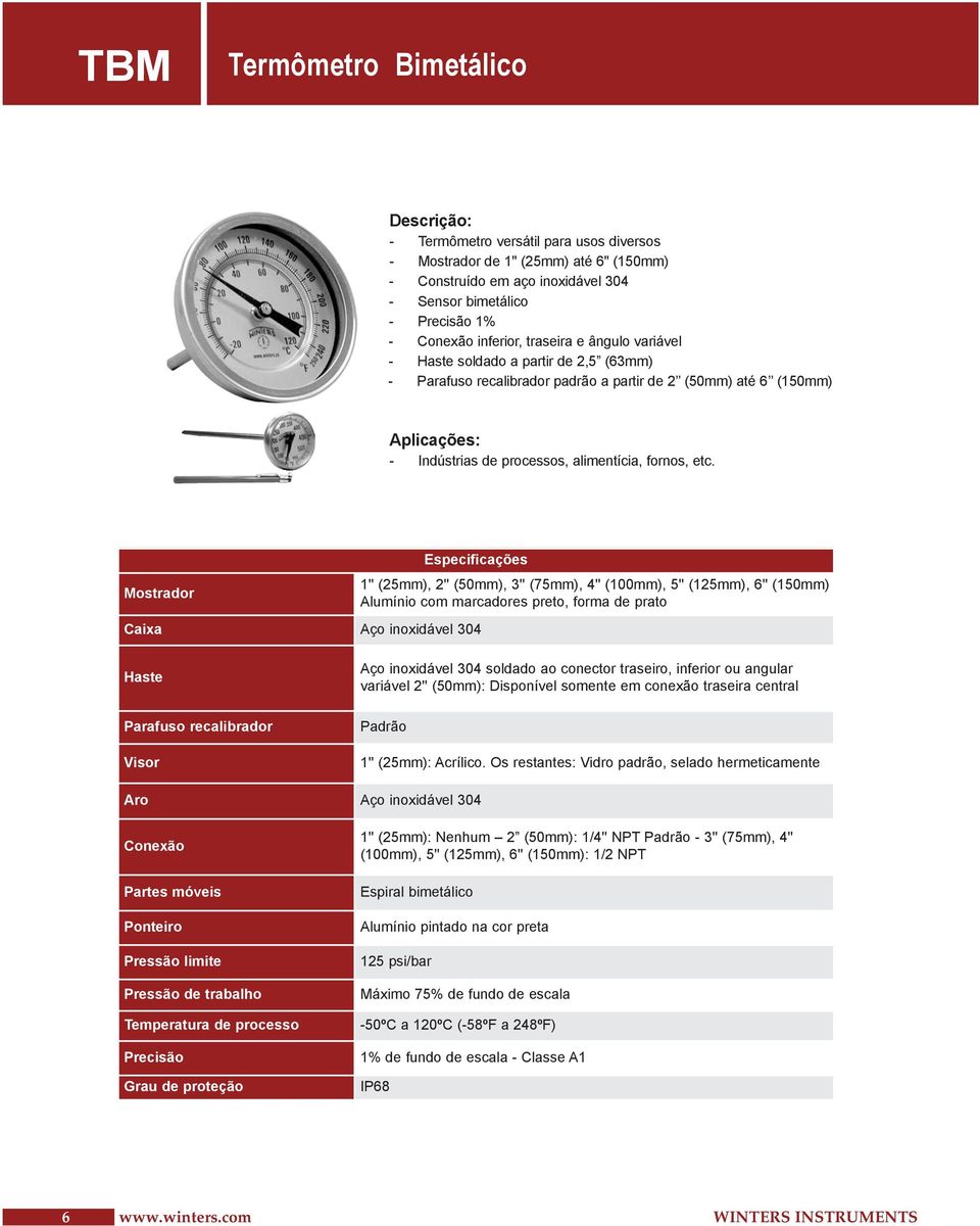 Mostrador Especificações Caixa Aço inoxidável 304 1'' (25mm), 2'' (50mm), 3'' (75mm), 4'' (100mm), 5'' (125mm), 6'' (150mm) Alumínio com marcadores preto, forma de prato Haste Parafuso recalibrador