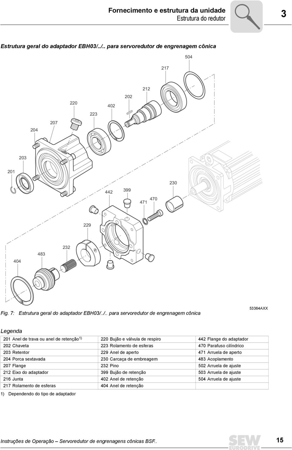 engrenagem cônica 53364AXX Legenda 201 Anel de trava ou anel de retenção 1) 220 Bujão e válvula de respiro 442 Flange do adaptador 202 Chaveta 223 Rolamento de esferas 470 Parafuso cilíndrico 203