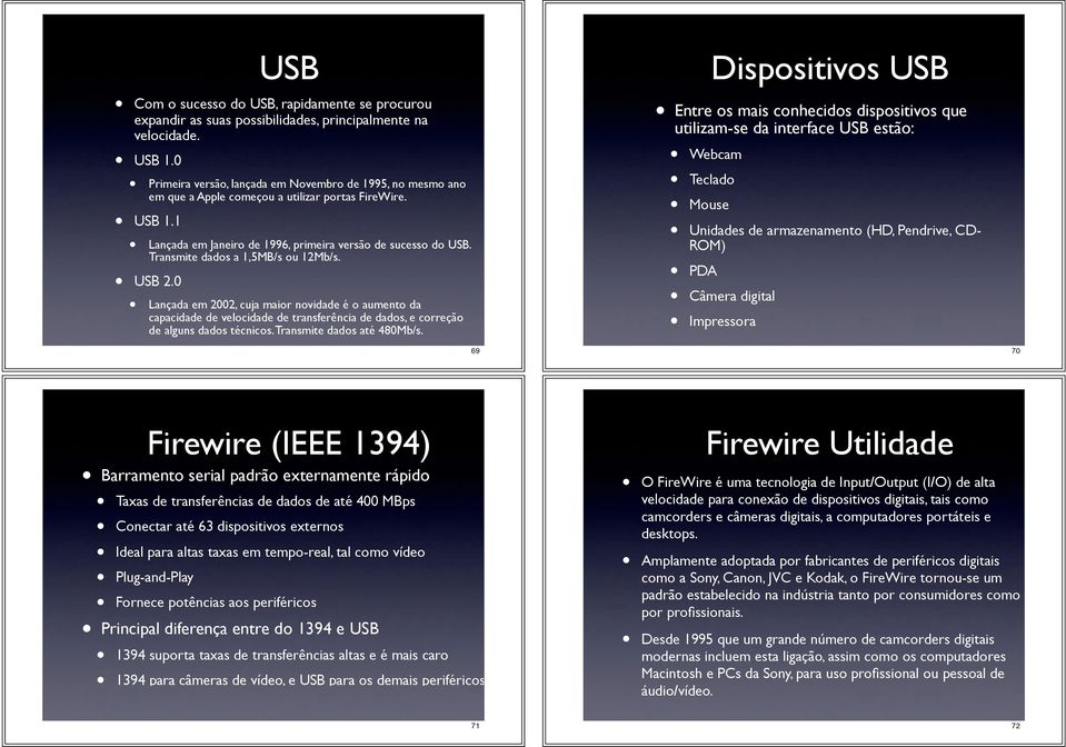 Transmite dados a 1,5MB/s ou 12Mb/s. USB 2.0 Lançada em 2002, cuja maior novidade é o aumento da capacidade de velocidade de transferência de dados, e correção de alguns dados técnicos.