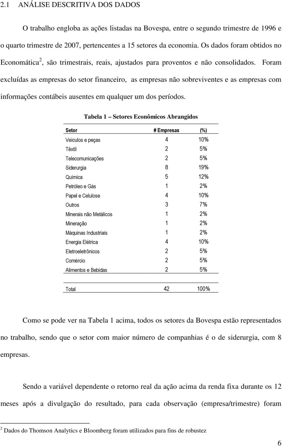 Foram excluídas as empresas do setor financeiro, as empresas não sobreviventes e as empresas com informações contábeis ausentes em qualquer um dos períodos.