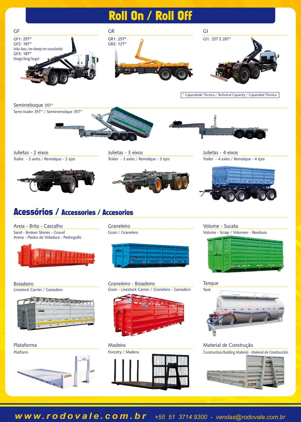 Julietas - 4 eixos Trailer - 2 axles / Remolque - 2 ejes Trailer - 3 axles / Remolque - 3 ejes Trailer - 4 axles / Remolque - 4 ejes Acessórios / Accessories / Accesorios Areia - Brita - Cascalho