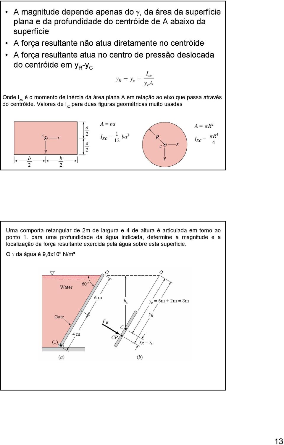 do centróide. Valores de I xc para duas figuras geométricas muito usadas Uma comporta retangular de 2m de largura e 4 de altura é articulada em torno ao ponto 1.