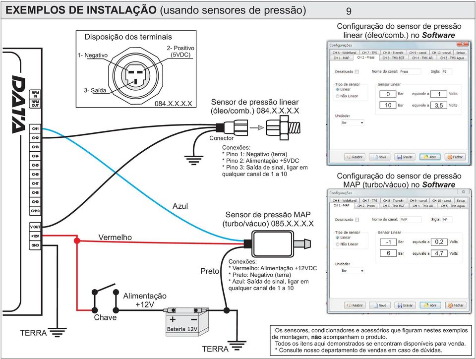 X.X.X 0 1 10 3,5 Conector Conexões: * Pino 1: Negativo (terra) * Pino 2: Alimentação +5VDC * Pino 3: Saída de sinal, ligar em qualquer canal de 1 a 10 Configuração do sensor de pressão MAP