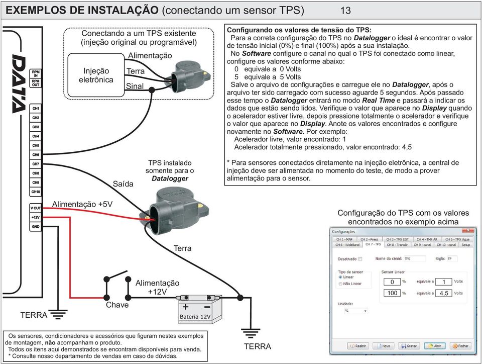No Software configure o canal no qual o TPS foi conectado como linear, configure os valores conforme abaixo: 0 equivale a 0 Volts 5 equivale a 5 Volts Salve o arquivo de configurações e carregue ele