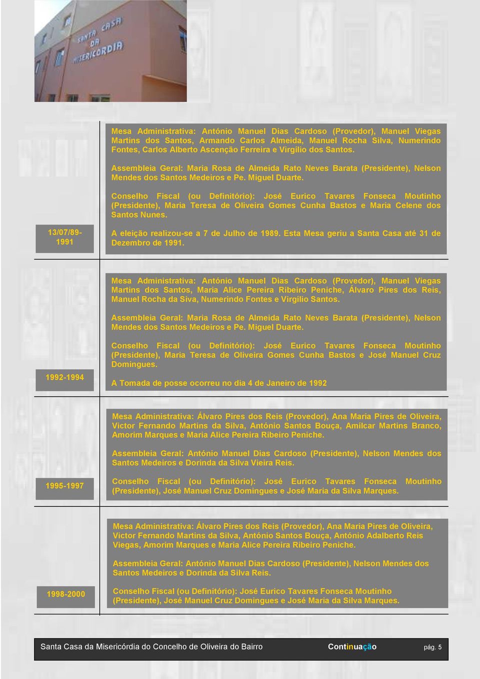13/07/89-1991 A eleição realizou-se a 7 de Julho de 1989. Esta Mesa geriu a Santa Casa até 31 de Dezembro de 1991.