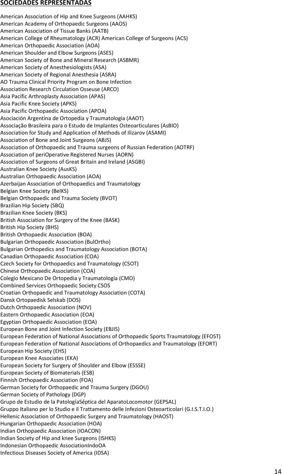 Society of Anesthesiologists (ASA) American Society of Regional Anesthesia (ASRA) AO Trauma Clinical Priority Program on Bone Infection Association Research Circulation Osseuse (ARCO) Asia Pacific