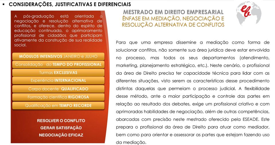 MÓDULOS INTENSIVOS JANEIRO e JULHO Consolidação do TEMPO DO PROFISSIONAL Turmas EXCLUSIVAS Experiência INTERNACIONAL Corpo docente QUALIFICADO Formação científica RIGOROSA Qualificação em TEMPO