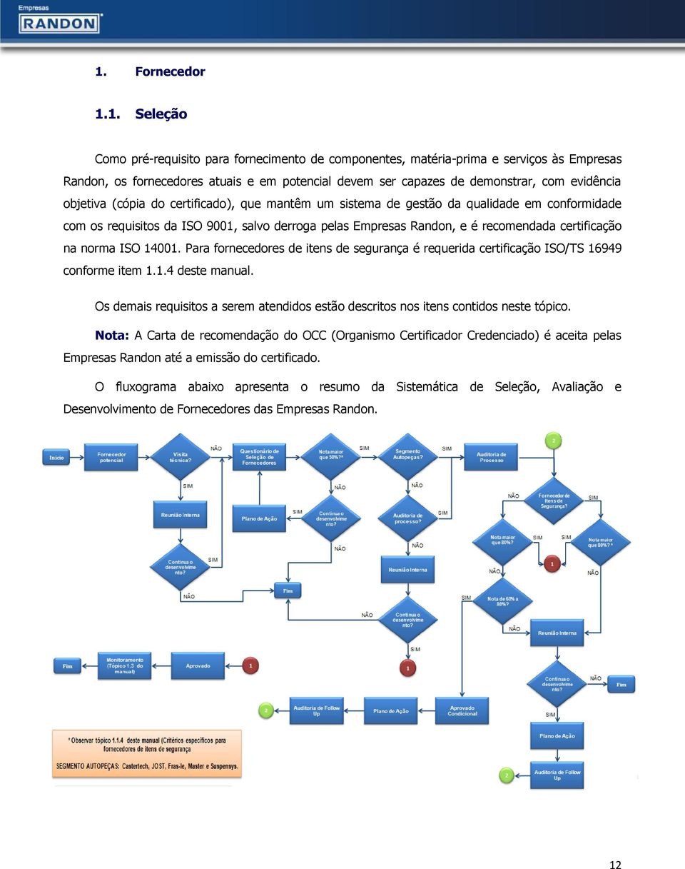 certificação na norma ISO 14001. Para fornecedores de itens de segurança é requerida certificação ISO/TS 16949 conforme item 1.1.4 deste manual.