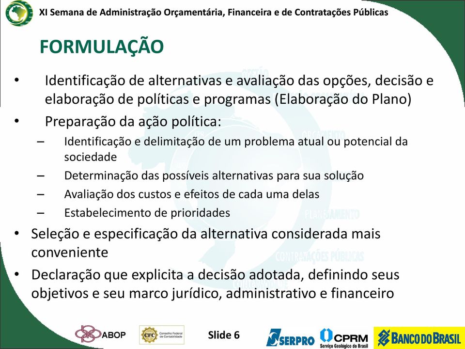 solução Avaliação dos custos e efeitos de cada uma delas Estabelecimento de prioridades Seleção e especificação da alternativa considerada mais