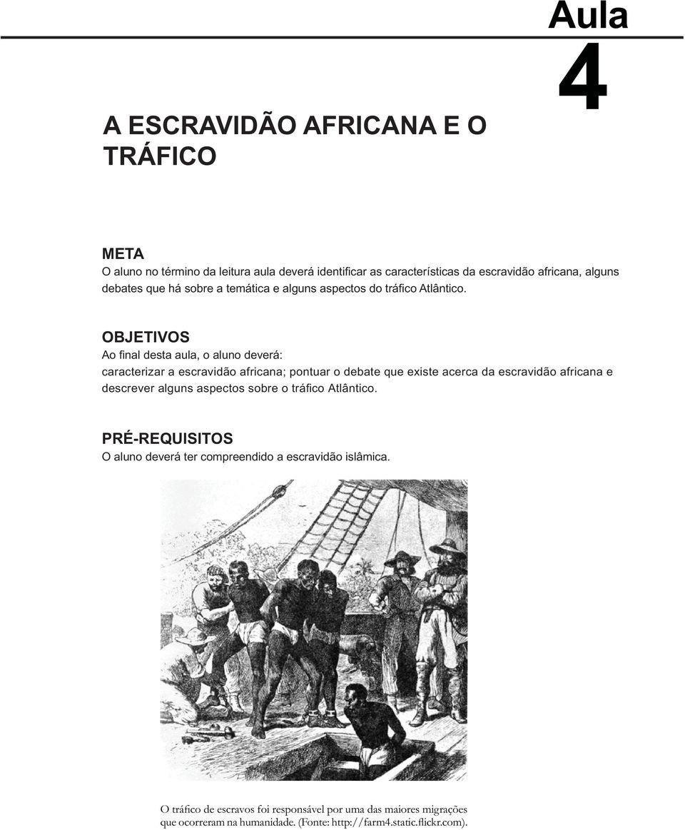 OBJETIVOS Ao fi nal desta aula, o aluno deverá: caracterizar a escravidão africana; pontuar o debate que existe acerca da escravidão africana e descrever