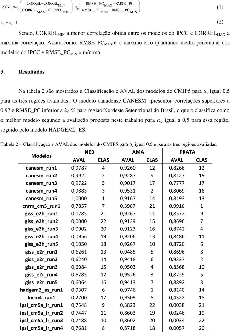 Resultados Na tabela 2 são mostrados a Classificação e AVAL dos modelos do CMIP5 para α c igual 0,5 para as três regiões avaliadas.