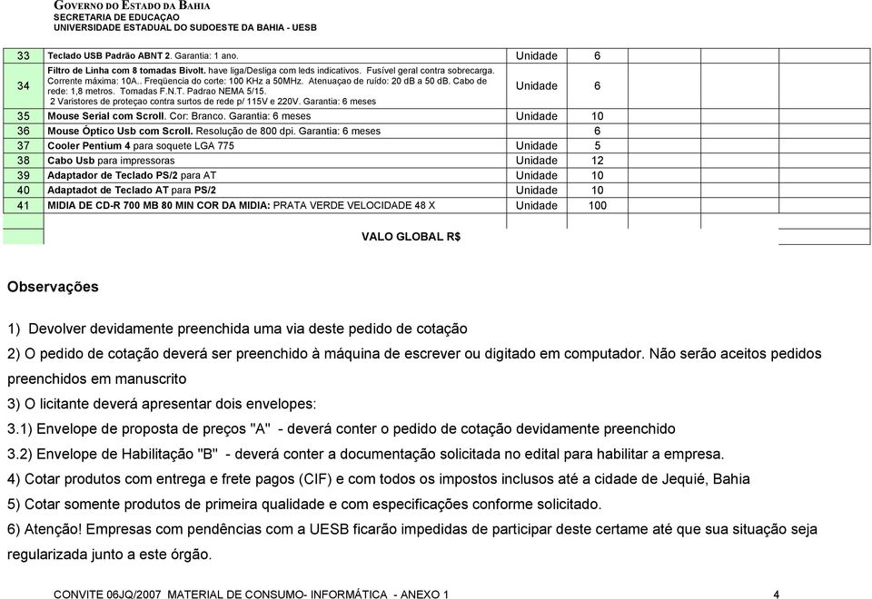 Garantia: 6 meses 35 Mouse Serial com Scroll. Cor: Branco. Garantia: 6 meses Unidade 10 36 Mouse Óptico Usb com Scroll. Resolução de 800 dpi.