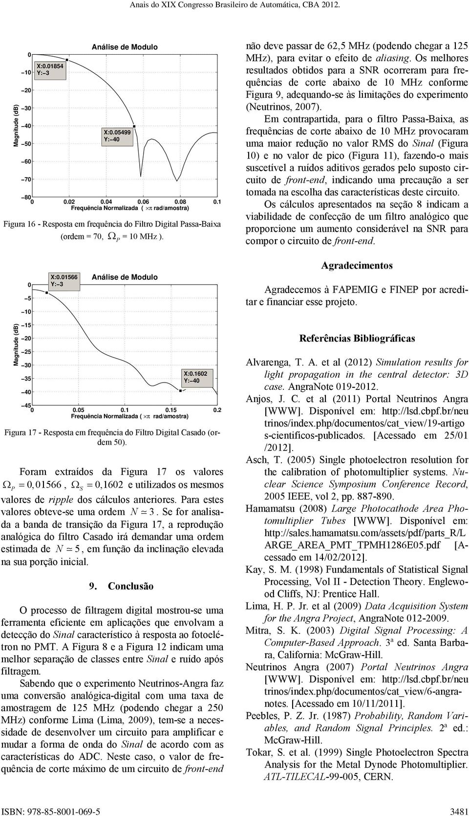 Os melhores resultados obtidos para a ocorreram para frequências de corte abaixo de 1 MHz conforme Figura 9, adequando-se às limitações do experimento (Neutrinos, 27).