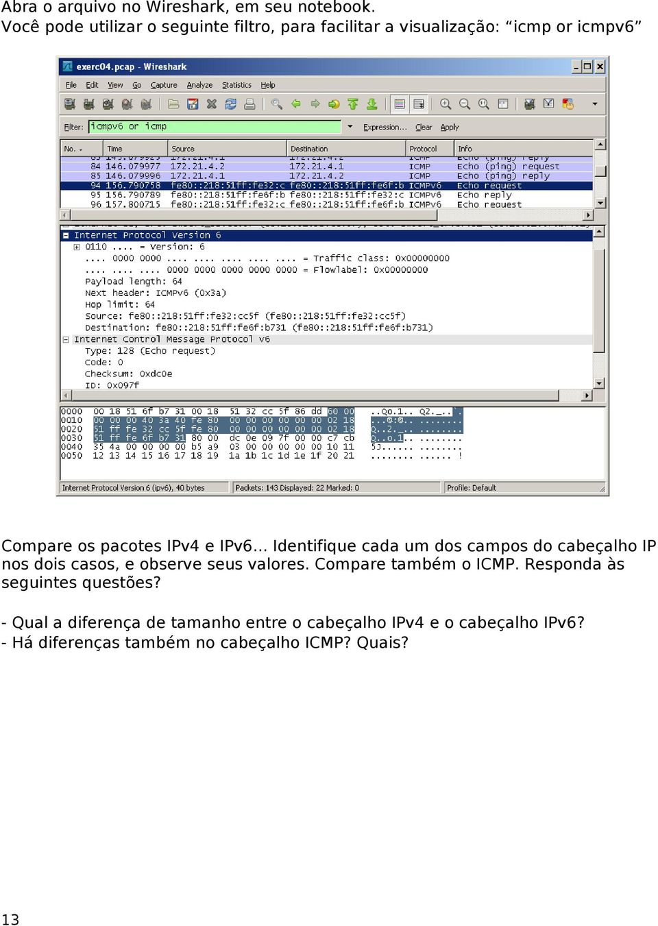 e IPv6... Identifique cada um dos campos do cabeçalho IP nos dois casos, e observe seus valores.