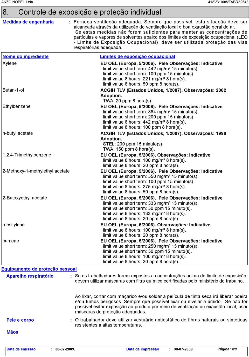 Se estas medidas não forem suficientes para manter as concentrações de partículas e vapores de solventes abaixo dos limites de exposição ocupacional (LEO - Limite de Exposição Ocupacional), deve ser