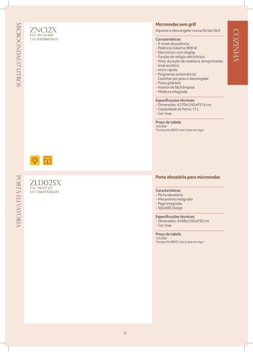 - Capacidade do forno: 17 L - Cor: Inox 293,00 * Porta elevatória zld025x PNC 941 177 327 EAN 7611497060670 Porta elevatória para