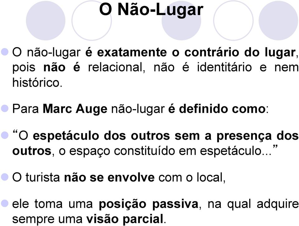 l Para Marc Auge não-lugar é definido como: l O espetáculo dos outros sem a presença dos