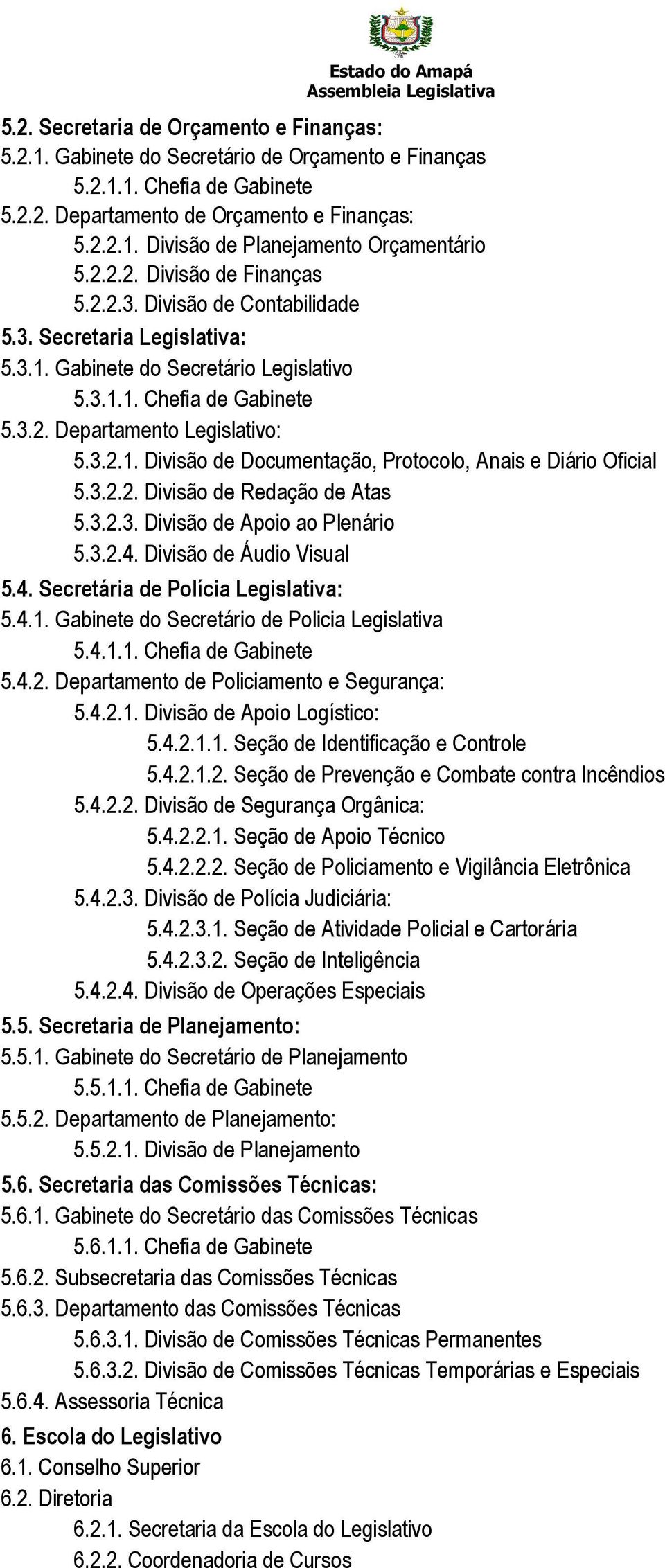 3.2.2. Divisão de Redação de Atas 5.3.2.3. Divisão de Apoio ao Plenário 5.3.2.4. Divisão de Áudio Visual 5.4. Secretária de Polícia Legislativa: 5.4.1. Gabinete do Secretário de Policia Legislativa 5.