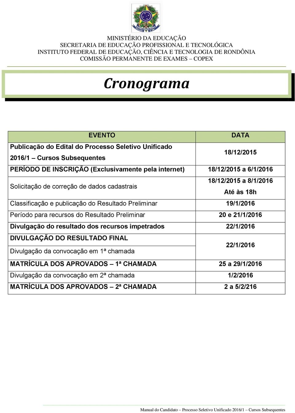 Período para recursos do Resultado Preliminar 20 e 21/1/2016 Divulgação do resultado dos recursos impetrados 22/1/2016 DIVULGAÇÃO DO RESULTADO FINAL 22/1/2016