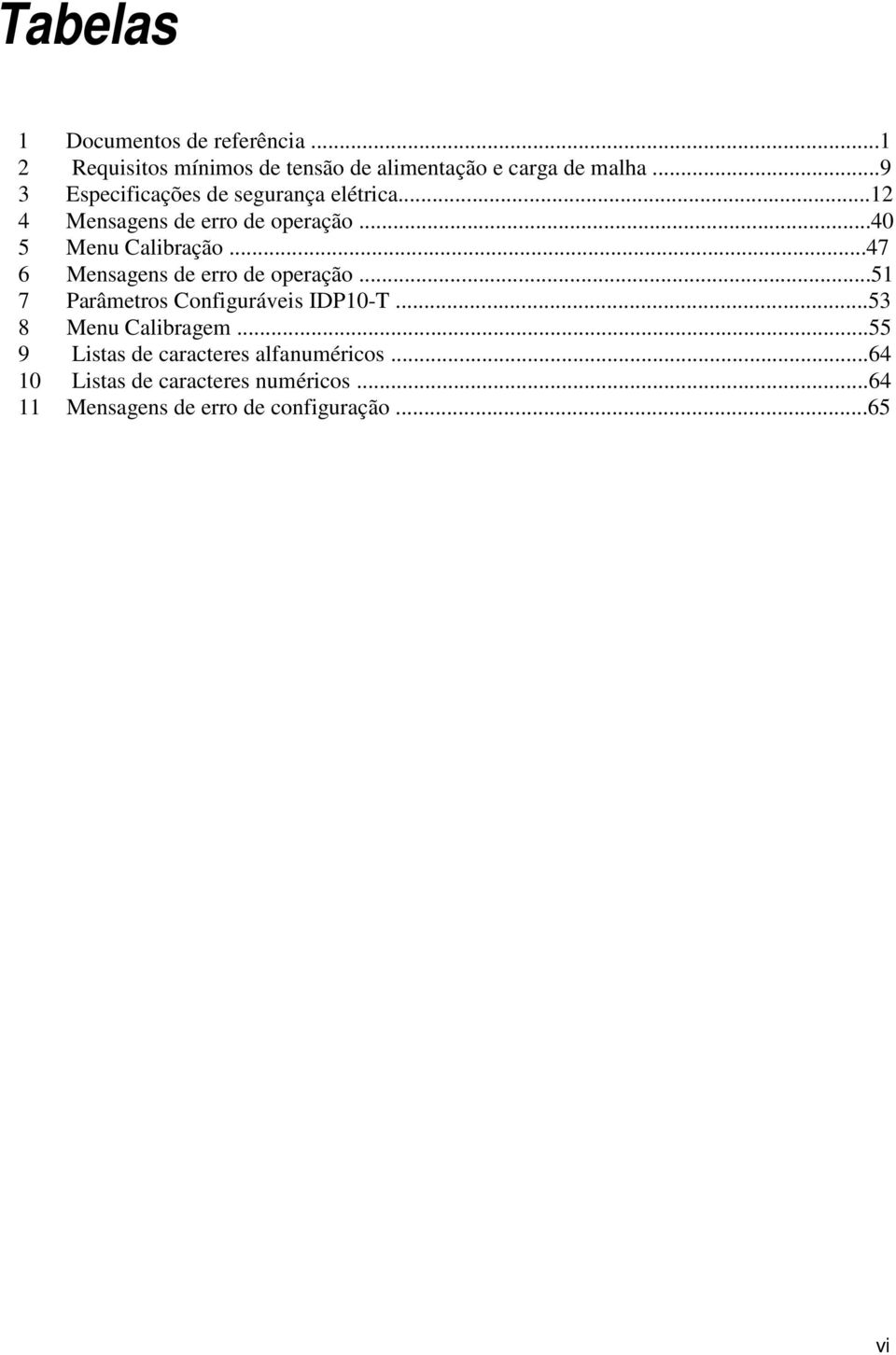 ..47 6 Mensagens de erro de operação...51 7 Parâmetros Configuráveis IDP10-T...53 8 Menu Calibragem.