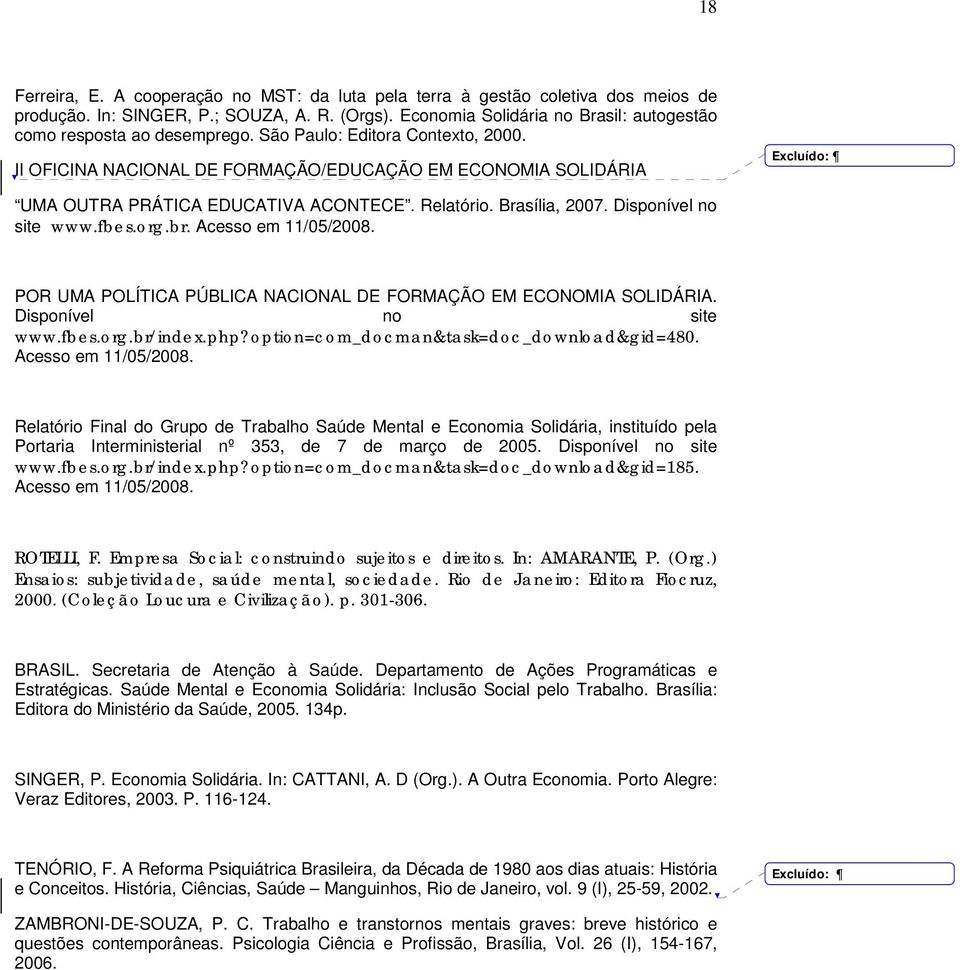 II OFICINA NACIONAL DE FORMAÇÃO/EDUCAÇÃO EM ECONOMIA SOLIDÁRIA Excluído: UMA OUTRA PRÁTICA EDUCATIVA ACONTECE. Relatório. Brasília, 2007. Disponível no site www.fbes.org.br. Acesso em 11/05/2008.