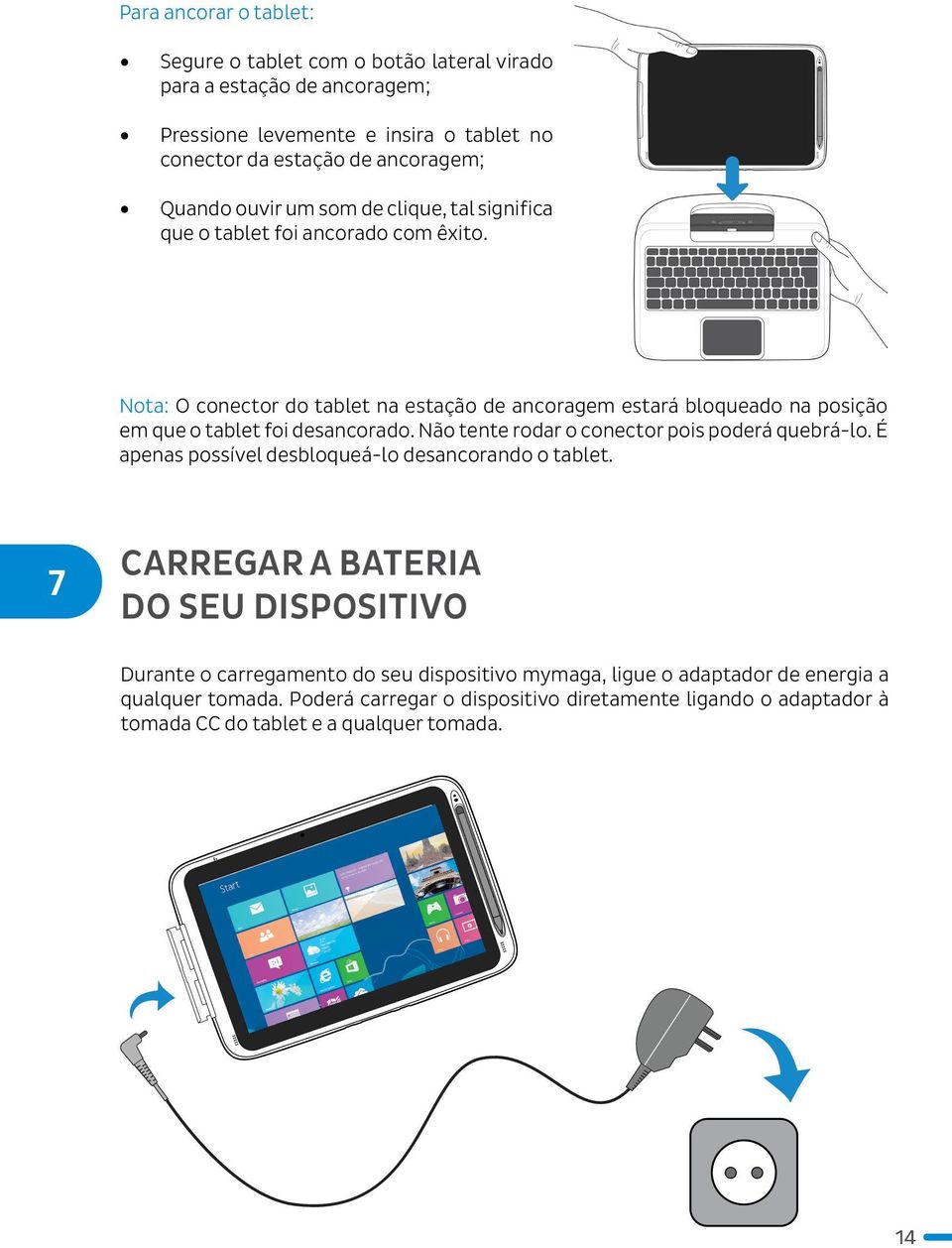 Nota: O conector do tablet na estação de ancoragem estará bloqueado na posição em que o tablet foi desancorado. Não tente rodar o conector pois poderá quebrá-lo.