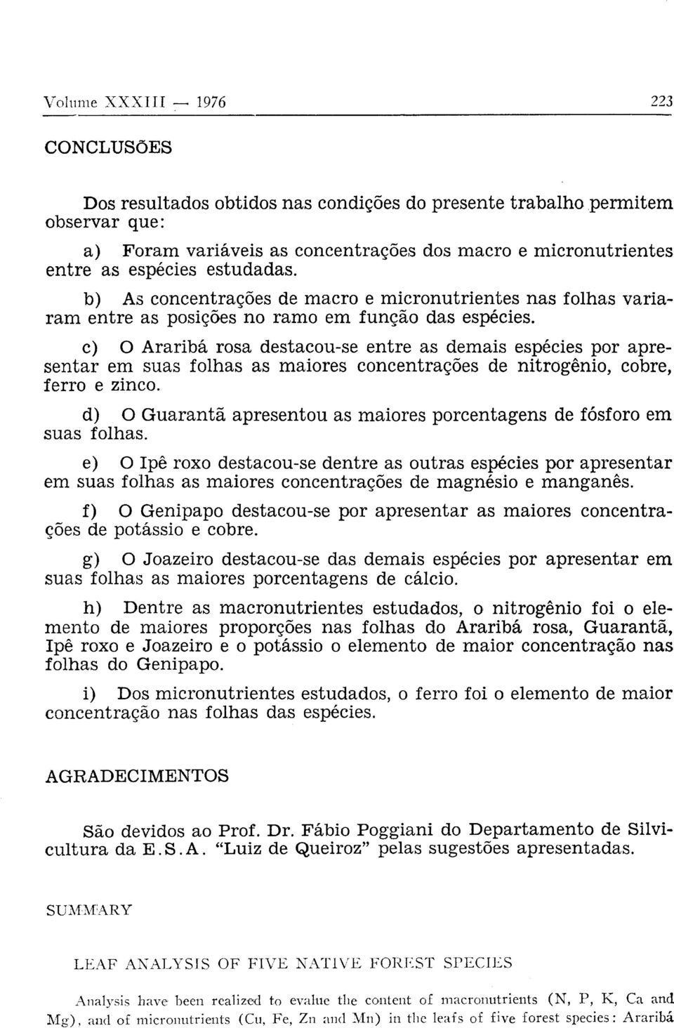 c) O Araribá rosa destacou-se entre as demais espécies por apresentar em suas folhas as maiores concentrações de nitrogênio, cobre, ferro e zinco.